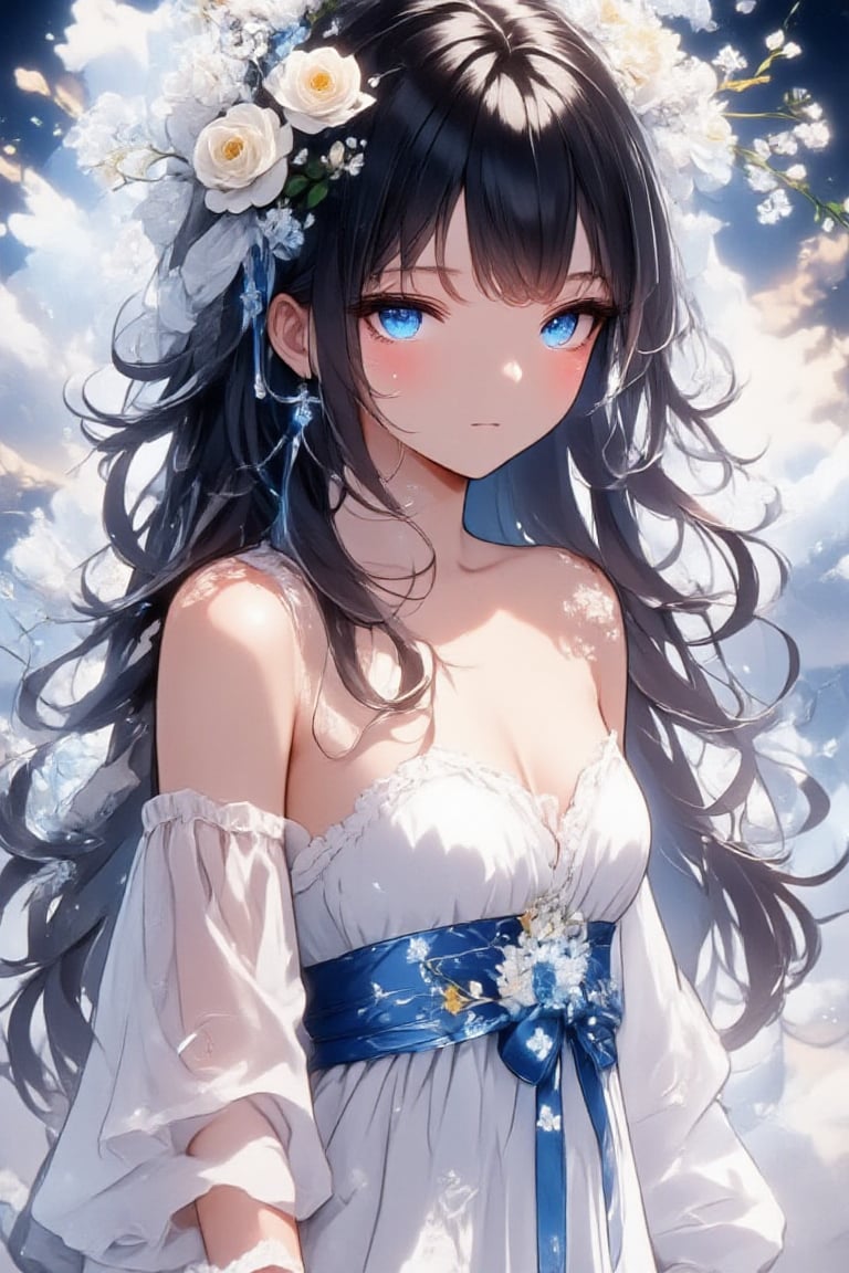 In this breathtaking 8K animated masterpiece, a serene anime-style girl with long black hair cascading down her back like a velvet waterfall gazes into the distance with piercing blue eyes and delicate light brown eyebrows. Her slender figure is draped in a flowing white dress adorned with intricate white flowers, cinched at the waist by a shimmering blue belt. A dainty flower crown rests atop her wavy locks as she stands poised, her ruffled white wings fluttering softly behind her in a whimsical dance. The warm lighting casts a soft glow on the scene, set against a subtle gradient of gentle blues and whites.,acryli painting,Anime style,Made of adrr-zllj,dal