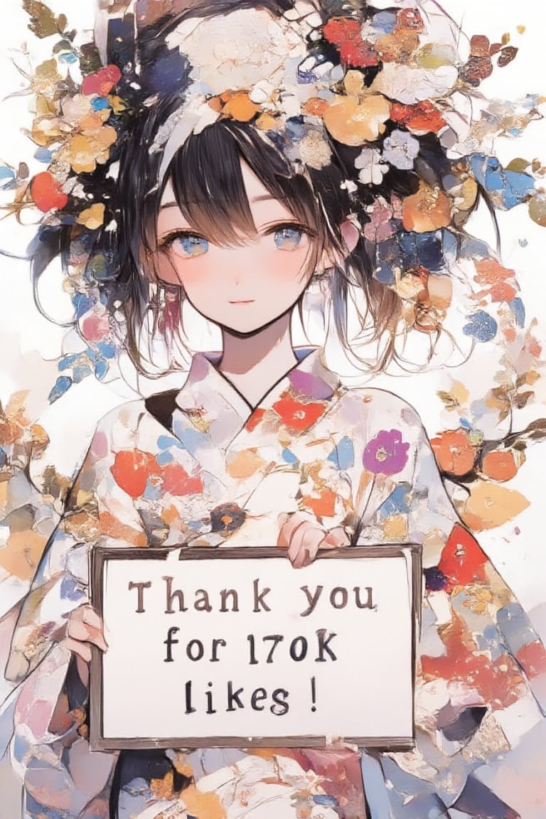 A very cute girl is holding a sign, and the sign says in English text "Thank you for 170K likes!". Text, illustration, details, realistic, kimono, floral kimono, obi, cowboy shot, Japanese pattern background, UHD, beautiful detailed eyes, beautiful details, warm smile.,acryli painting