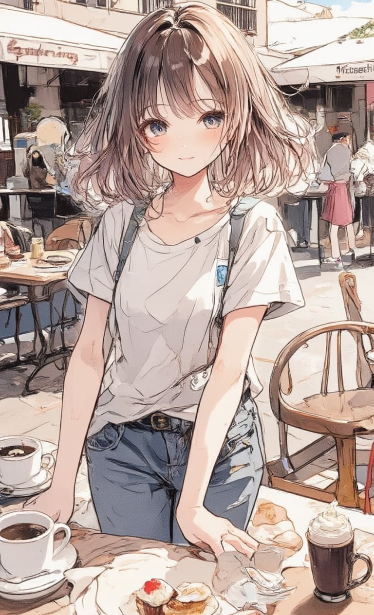 A smiling girl is enjoying chatting with friends on the terrace of a cafe. She wears a casual T-shirt and jeans, and her hair is in a soft bob. It is drawn in a sketch style, with coffee cups and sweets scattered around it. Her eyes were sparkling and she seemed to be having fun. ,colored pencil drawing,Anime style