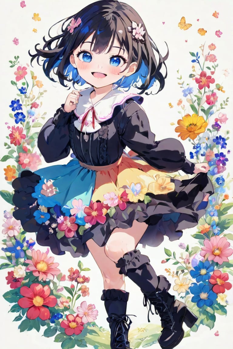 masterpiece, best quality, aesthetic, (((low angle :1.4))), one girl, solo, looking at viewer, blushing, smiling, short hair, open mouth, bangs, blue eyes, skirt, simple background, black hair, hair accessory, long sleeves, full body, flowers, :d, multicolored hair, boots, frills, kimono, hair accessory, wide sleeves, kimono, black footwear, obi, floral print, red flowers, cross-laced footwear, high heel boots, colored inner hair, lace-up boots,Anime style,anime,vspop,kawaii,1girl