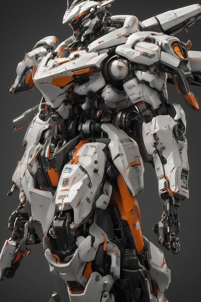 Masterpiece, photorealistic, robot figure, mecha, white and orange body color, mecha, cool robot, stunning 3D rendering, spectacular textures, viewer display, metal textures, cool pose, detailed images, diorama, 8K wallpaper quality, stunning images.,a 3D rendering of a figurine,resin,real robot