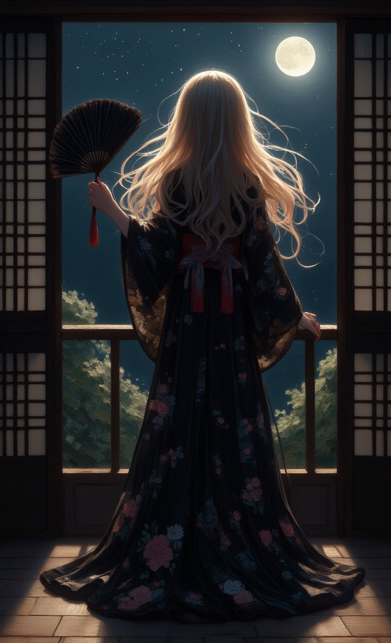 An ancient oriental girl with blonde hair graces the darkness of a dimly lit Japanese garden. She holds a majestic long black classical fan, its silk tassels fluttering like wisps of mist in the moonlight. The smooth black fabric of her kimono clung tightly to her curves as she stood in front of the open balcony window, the silvery moonlight dancing on the dark canvas of the night sky. The floral details of her outfit sparkle like dew-kissed petals. With a cinematic sweep, the soft focus and dramatic lighting recall Caravaggio's mastery of chiaroscuro, while Leonardo Da Vinci's western style imbues the piece with Renaissance grandeur. 8k resolution, ultra-detailed realism, a masterpiece of oil painting artistry. Cinematic special effects style.