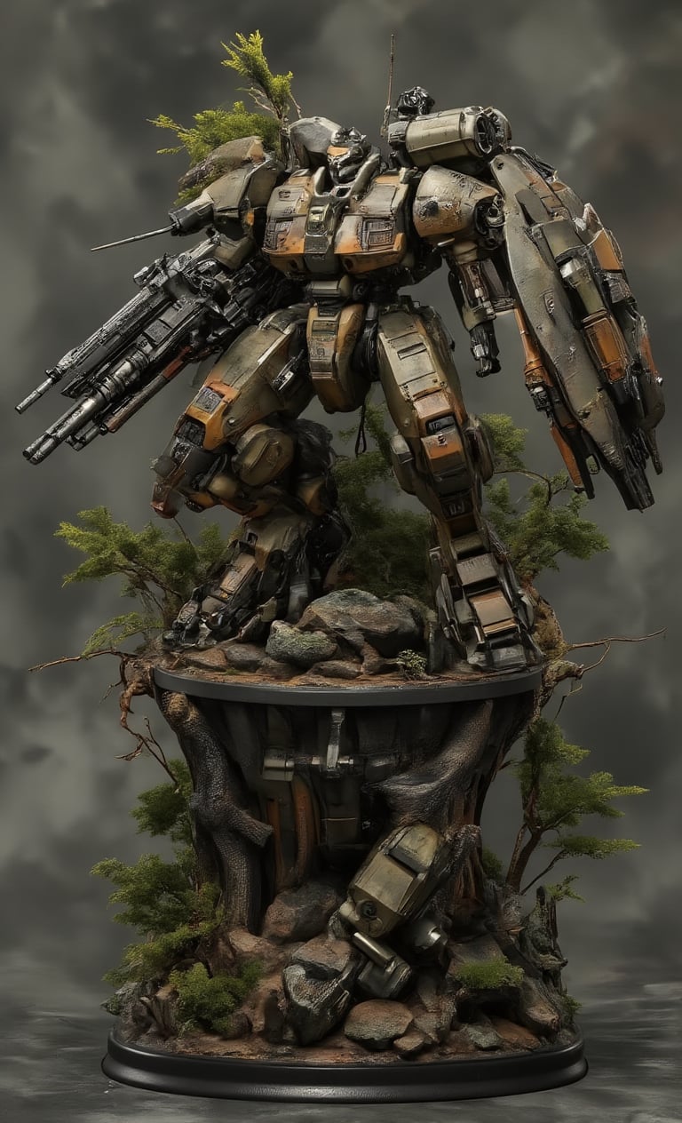 A masterpiece, a plastic model, a diorama of a robot figure hiding and scouting in a forest, on a pedestal, crouching, tree, equipped with a large Gatling gun and shield. The robot is painted in a bright camouflage color scheme. The spectacular texture of the stunning 3D rendering is enhanced by several metal textures. The blurred light gray background and strong lighting make the subject stand out even more,resin,real robot