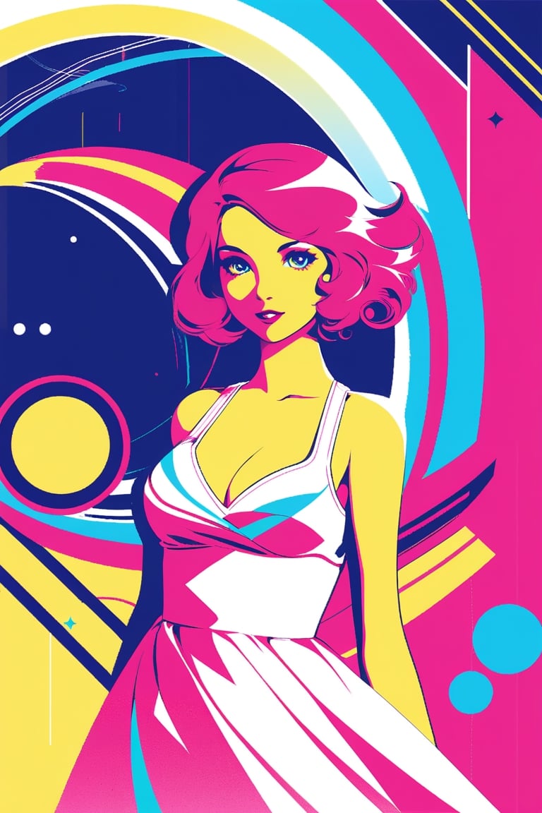 (Amazingly seductive abstract illustration: 1.4), Single girl, Focus on woman, middle of breast, cleavage, (Wearing sundress: 1.3), (Grunge style: 1.2), (Frutiger style : 1.4 ), (Colorful minimalism: 1.3), (Aesthetics of 2004: 1.2), (Beautiful vector shapes: 1.3), (Text "Cute!": 1.1), Text block. BREAK Palm trees, clouds, swirls, x \(symbol\), arrow \(symbol\), heart \(symbol\), gradient background, sharp details, supersaturated. BREAK Top quality, detailed and intricate, original artwork, trendy, mixed media, vector art, vintage, award-winning, artint, SFW, gh3a