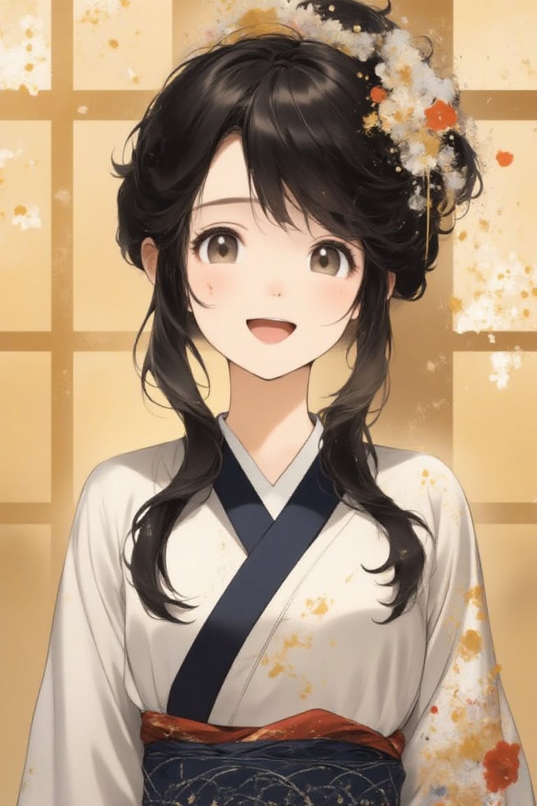 One girl, simple background, Japanese pattern background, art parody, looking at the viewer, smiling, happy, mouth open, long hair, black eyes, black hair, kimono, obi, hair accessory, oil painting style, masterpiece quality, stunning image,Oil painting style,Anime style,Oil painting style 