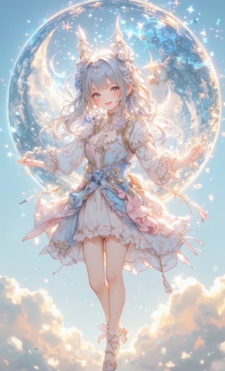 A smiling girl has light pastel colored hair and is wearing a star hair ornament. In the scene, she is wearing a fluffy dress and walking on clouds. The background is a simple sky tone, and inside the circle is a double exposure of a fantastic dream world scene. The camera angle is from above, emphasizing her graceful posture, adding a soft light effect and a star-like effect floating around her. .,fantasy girl,cool_Anime,VNS_Add more details