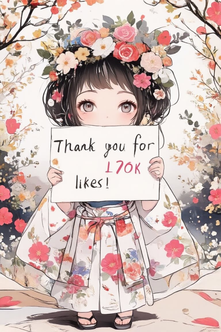 A very cute girl is holding a sign, and the sign says in English text "Thank you for 170K likes!". Text, illustration, details, realistic, kimono, floral kimono, obi, cowboy shot, Japanese pattern background, UHD, beautiful detailed eyes, beautiful details, warm smile.,acryli painting