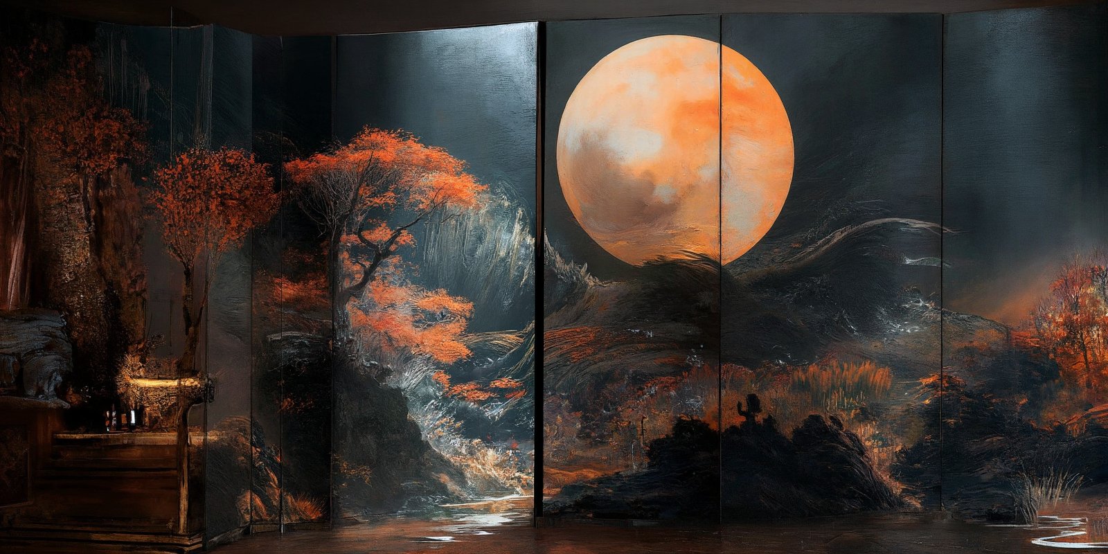 ((masterpiece)), ((best quality)), (((a Japanese painting on a folding screen:1.2)) in the dark:1.2), rendered in ultra-high definition with UHD and retina quality, ((perfect_composition, perfect_design, perfect_layout, perfect_detail, ultra_detailed))