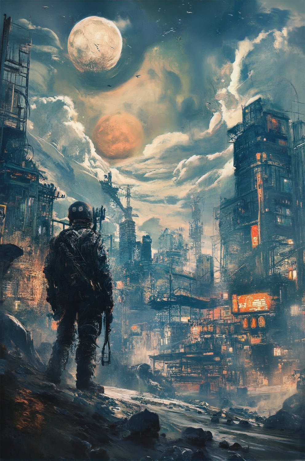 ((masterpiece)), ((best quality)), 1man, ((gun soldier) is standing in (a Japanese painting with metropolis:1.2)), from behind, rendered in ultra-high definition with UHD and retina quality, ((perfect_composition, perfect_design, perfect_layout, perfect_detail, ultra_detailed)), no sun, no moon, helmet, all blue