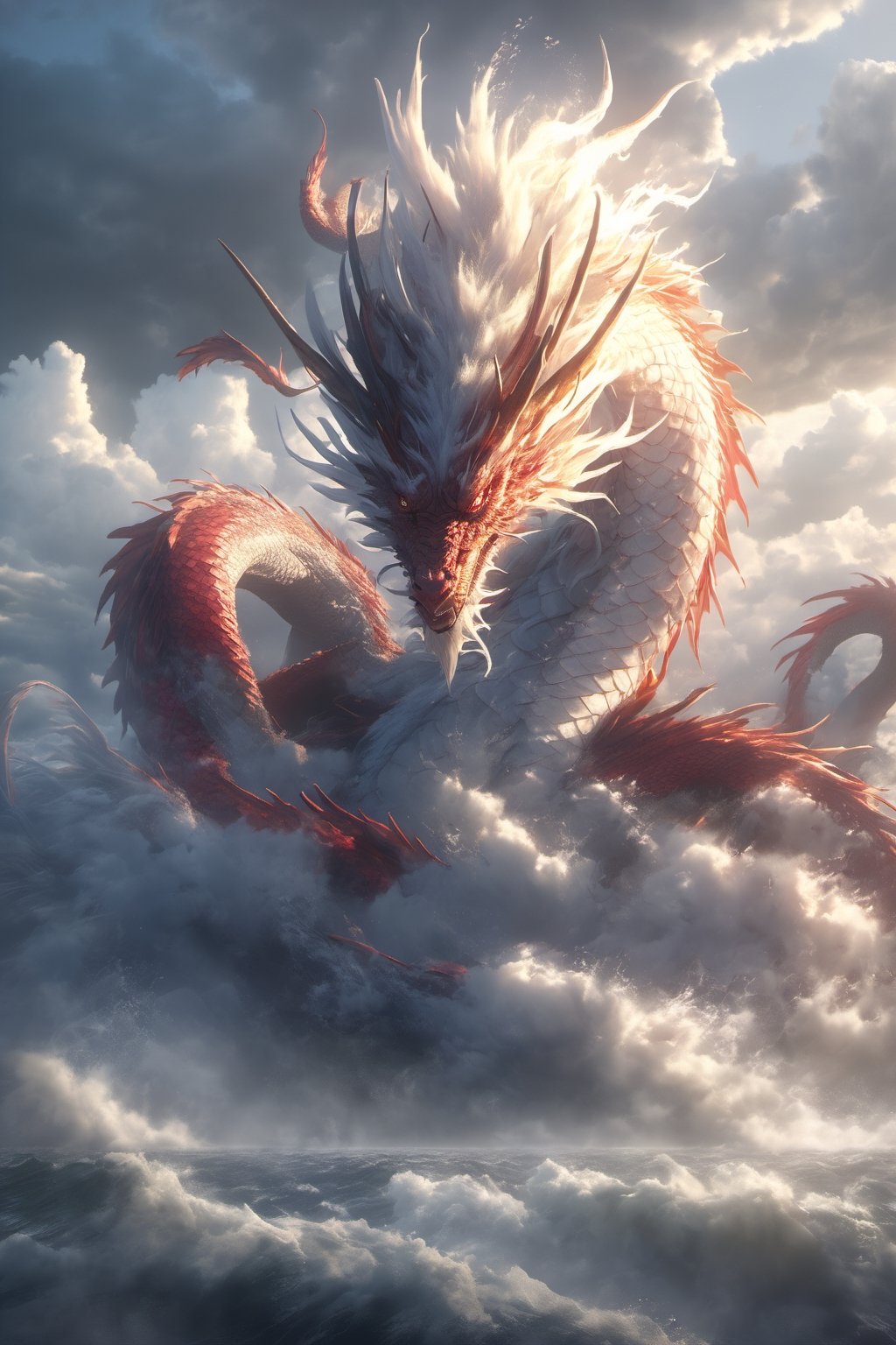 Hyperrealistic art BJ_Sacred_beast,dragon,phoenix, angry expression, full all body,run,suspension,outdoors,sky,day,cloud,water,storm_sky,ocean,cloudy_sky,cinematic lighting,strong contrast,high level of detail,Best quality,masterpiece,, . Extremely high-resolution details, photographic, realism pushed to extreme, fine texture, incredibly lifelike, leggendary