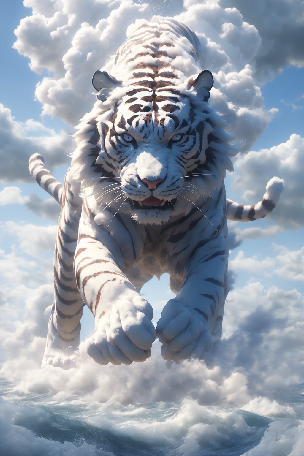 Hyperrealistic art BJ_Sacred_beast,tiger,full body,run,suspension,outdoors,sky,day,cloud,water,blue_sky,ocean,cloudy_sky,cinematic lighting,strong contrast,high level of detail,Best quality,masterpiece,, . Extremely high-resolution details, photographic, realism pushed to extreme, fine texture, incredibly lifelike