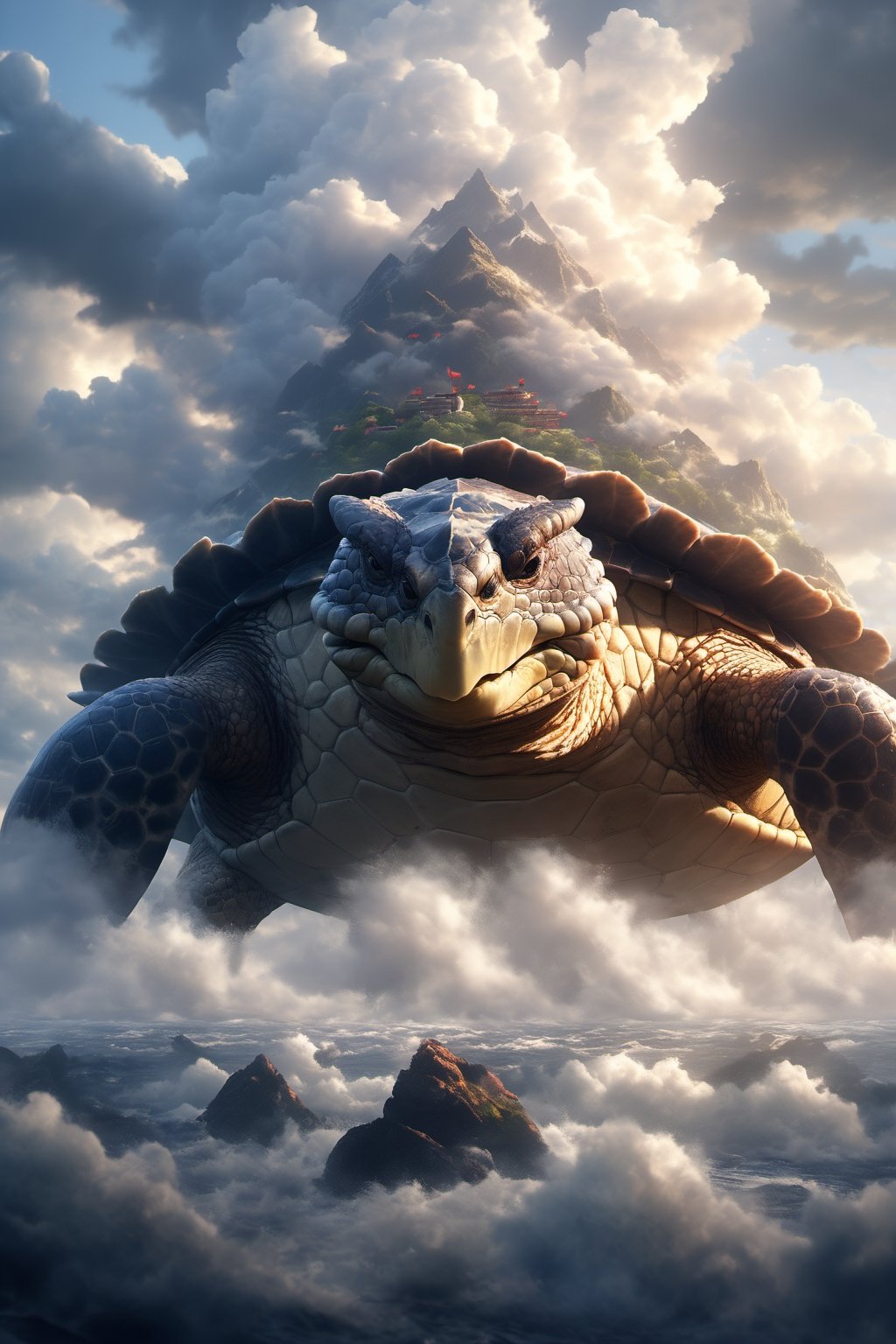 Hyperrealistic art BJ_Sacred_beast,earth turtle, dragon head,  (with mountains on the shell), full body,run,suspension,outdoors,sky,day,cloud,water,storm_sky,ocean,cloudy_sky,cinematic lighting,strong contrast,high level of detail,Best quality,masterpiece,, . Extremely high-resolution details, photographic, realism pushed to extreme, fine texture, incredibly lifelike, leggendary