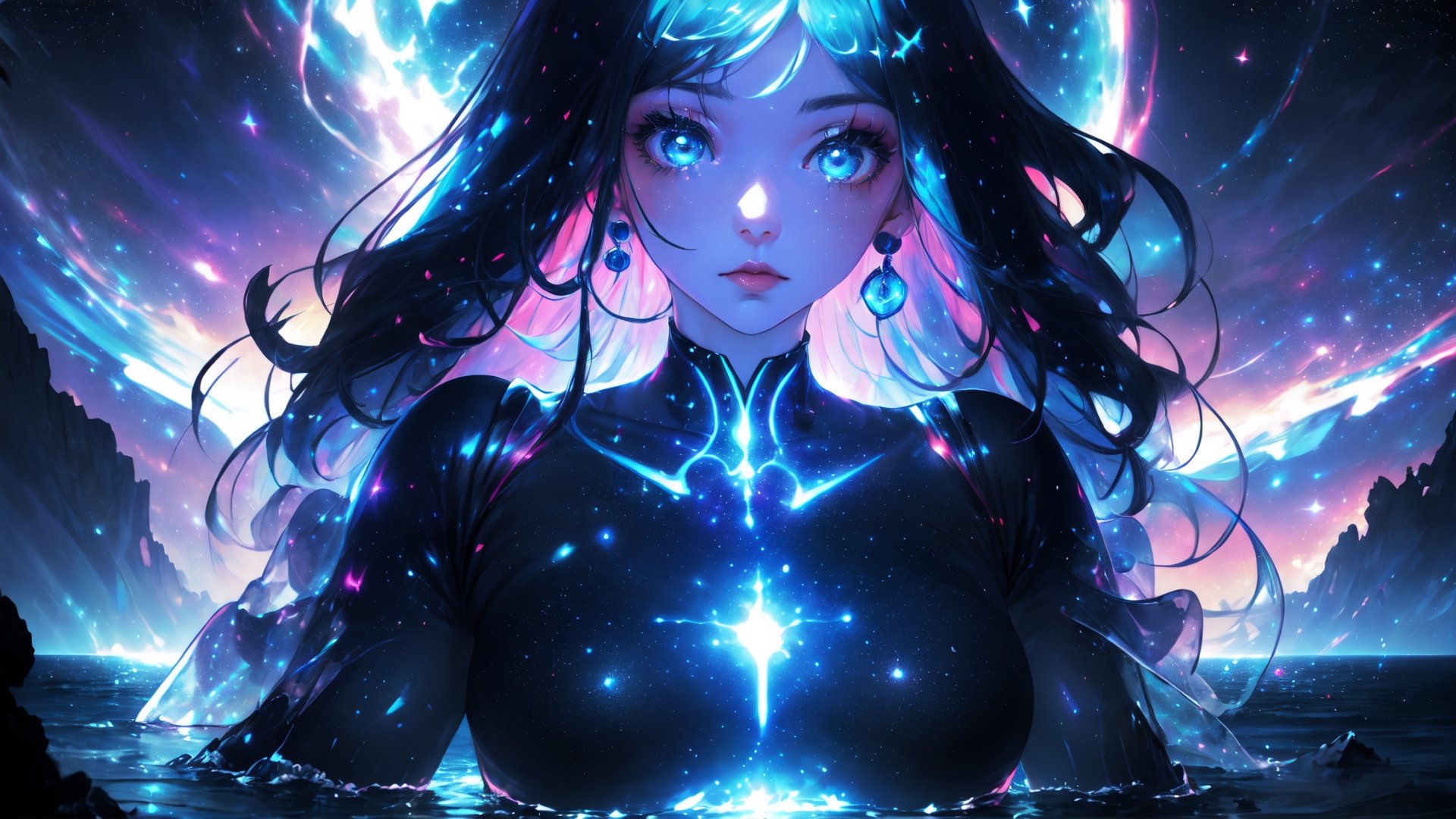 Hyperrealistic art ,1girl,sexy pose,high definited face, hd, light blue eyes,light pink and blu hairs,electric powers,magic circles,full body,suspension,outdoors,night,storm_sky,ocean,thunders_sky,cinematic lighting,strong contrast,high level of detail,Best quality,masterpiece,, . Extremely high-resolution details, anime, realism pushed to extreme, fine texture, incredirybly ,beautifull body,high definited muscles,big tits, tiny armor ,High detailed, galaxy, stars ,all body view,splash, planet, cristal fragment,tiny dress, tiny bra,tiny skirt,high definited dress, all body view