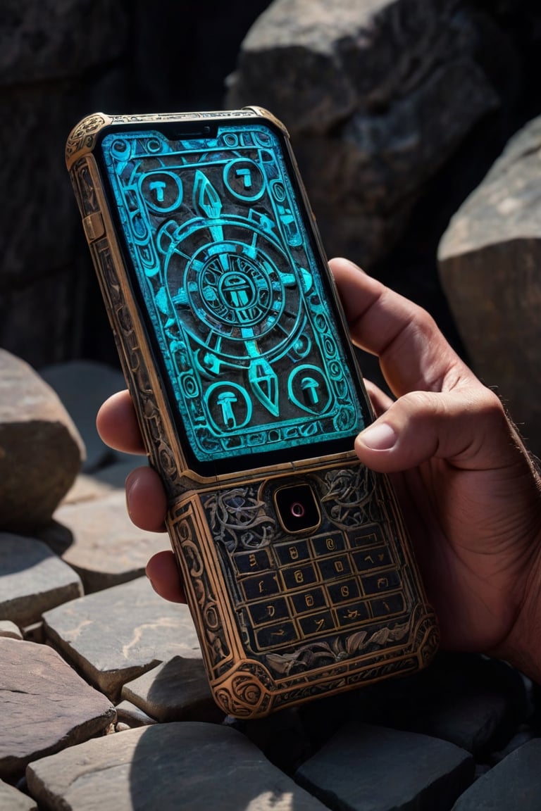 highly detailed close-up of an ancient smartphone, ornate glyphs intricately carved,  glowing with faint neon luminescence, juxtaposed against rough carved stone background, cracked screen