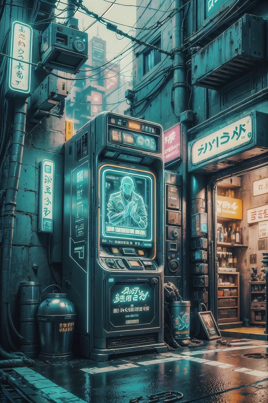 Bright neon vending machines are located in an alleyway of a Cyberpunk City. normal proportions