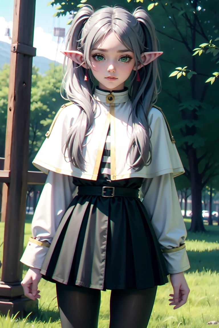 young girl,  frieren, long hair, twintails, (green eyes:1.5), grey hair, pointy ears, elf,shirt, long sleeves, jewelry, pantyhose, earrings, striped, black pantyhose, capelet, striped shirt,AgoonGirl,frieren,photorealistic