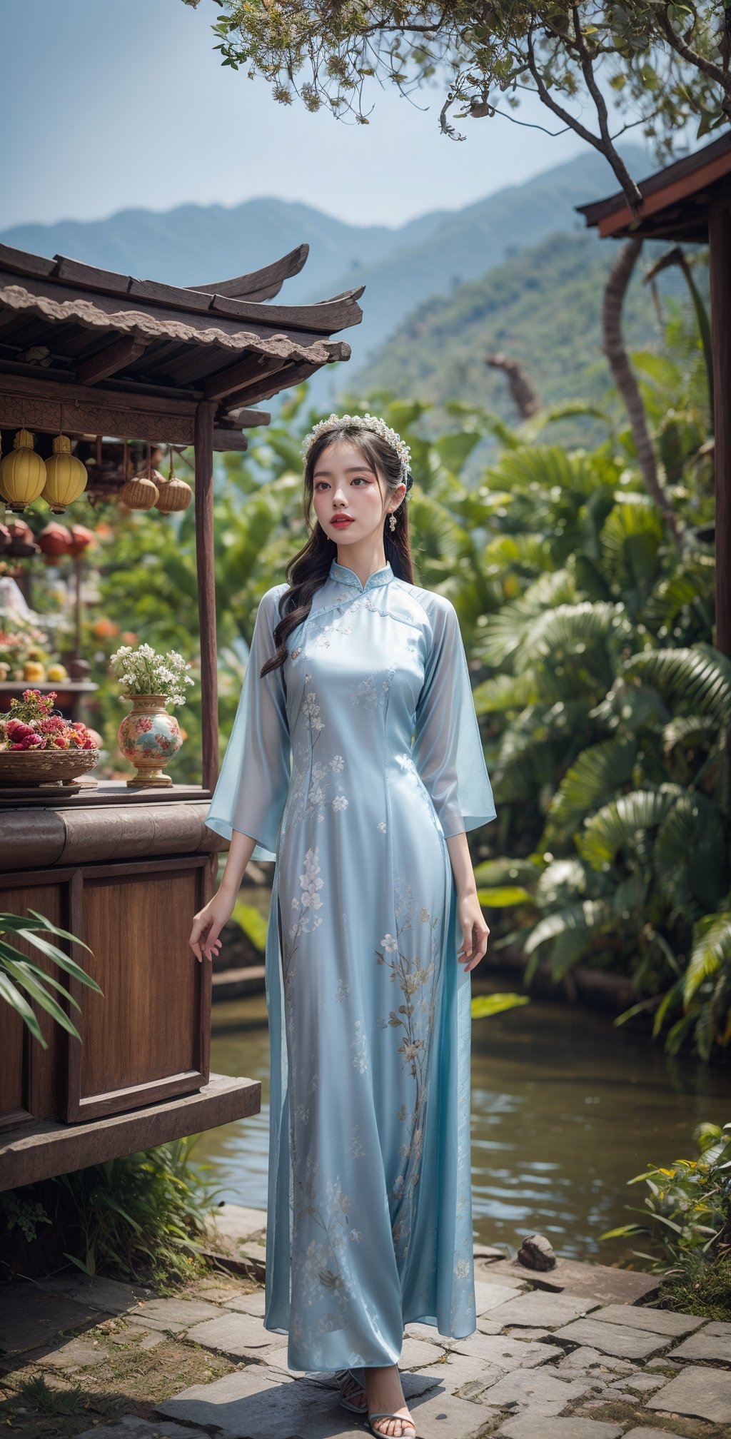 A stunning young woman wearing a vibrant Vietnam traditional dress, standing gracefully in front of a breathtaking backdrop that showcases the natural beauty of Vietnam. The dress is intricately designed with rich colors and intricate patterns, highlighting the elegance of Vietnam culture. The background features lush tropical foliage, colorful blossoms, and perhaps a serene traditional Vietnam temple or a picturesque Vietnam floating market. The image captures the beauty and grace of the woman, the vibrant essence of the dress, and the enchanting allure of Vietnam's natural surroundings. aodai,More Detail