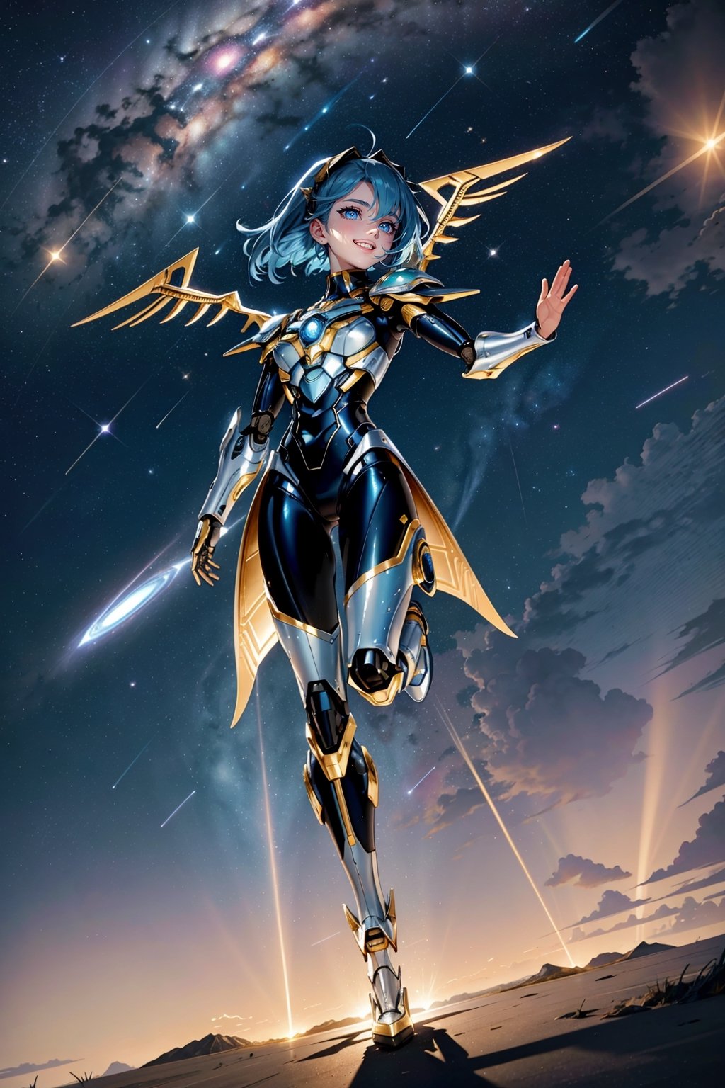 15 years old, full body,blue hair , metallic luster fabric, silver and gold clothes , a pair robot wings , Raise right hand and wave,  look at the camera ,one girl ,Mecha suit , robot arm , High heels, Andromeda Nebula night sky, Speed ​​of light and shadow , Simple background, moving forward rapidly , straight into lens, dive downward , flying in,