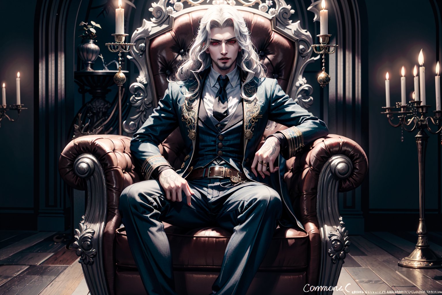 masterpiece,best quality,ultra-detailed,High detailed,picture-perfect face,full-body:1.6,((rule_of_thirds_BREAK_full_body)),1male,manly,silver hair,confident,arrogant,long hair,curly hair,red glowing eyes,fangs,dracula,castlevania,konami,infront of gothic castle,red and black vamiper attire,ornate and intricate,gold trim,belt,epic pose,fantasy,town,draculacastlevania
on his gothic throne,alucardcastlevania,DonMDj1nnM4g1cXL ,More Detail