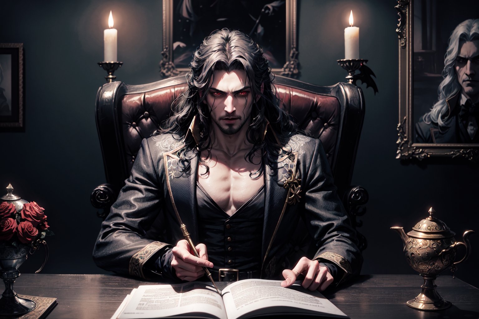 masterpiece,best quality,ultra-detailed,High detailed,picture-perfect face,((full-body_portrait)),1male,manly,black hair,confident,arrogant,long hair,curly hair,red glowing eyes,fangs,dracula,castlevania,konami,infront of gothic castle,red and black vamiper attire,ornate and intricate,gold trim,belt,epic pose,fantasy,town,1male,draculacastlevania
on his gothic throne,alucardcastlevania,DonMDj1nnM4g1cXL 