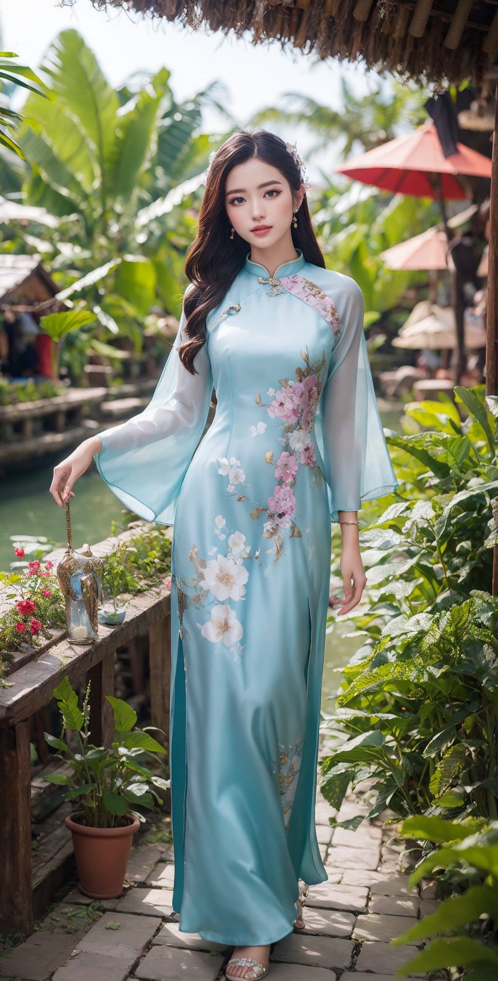 A stunning young woman wearing a vibrant Vietnam traditional dress, standing gracefully in front of a breathtaking backdrop that showcases the natural beauty of Vietnam. The dress is intricately designed with rich colors and intricate patterns, highlighting the elegance of Vietnam culture. The background features lush tropical foliage, colorful blossoms, and perhaps a serene traditional Vietnam temple or a picturesque Vietnam floating market. The image captures the beauty and grace of the woman, the vibrant essence of the dress, and the enchanting allure of Vietnam's natural surroundings.,aodai,More Detail,wonder beauty 