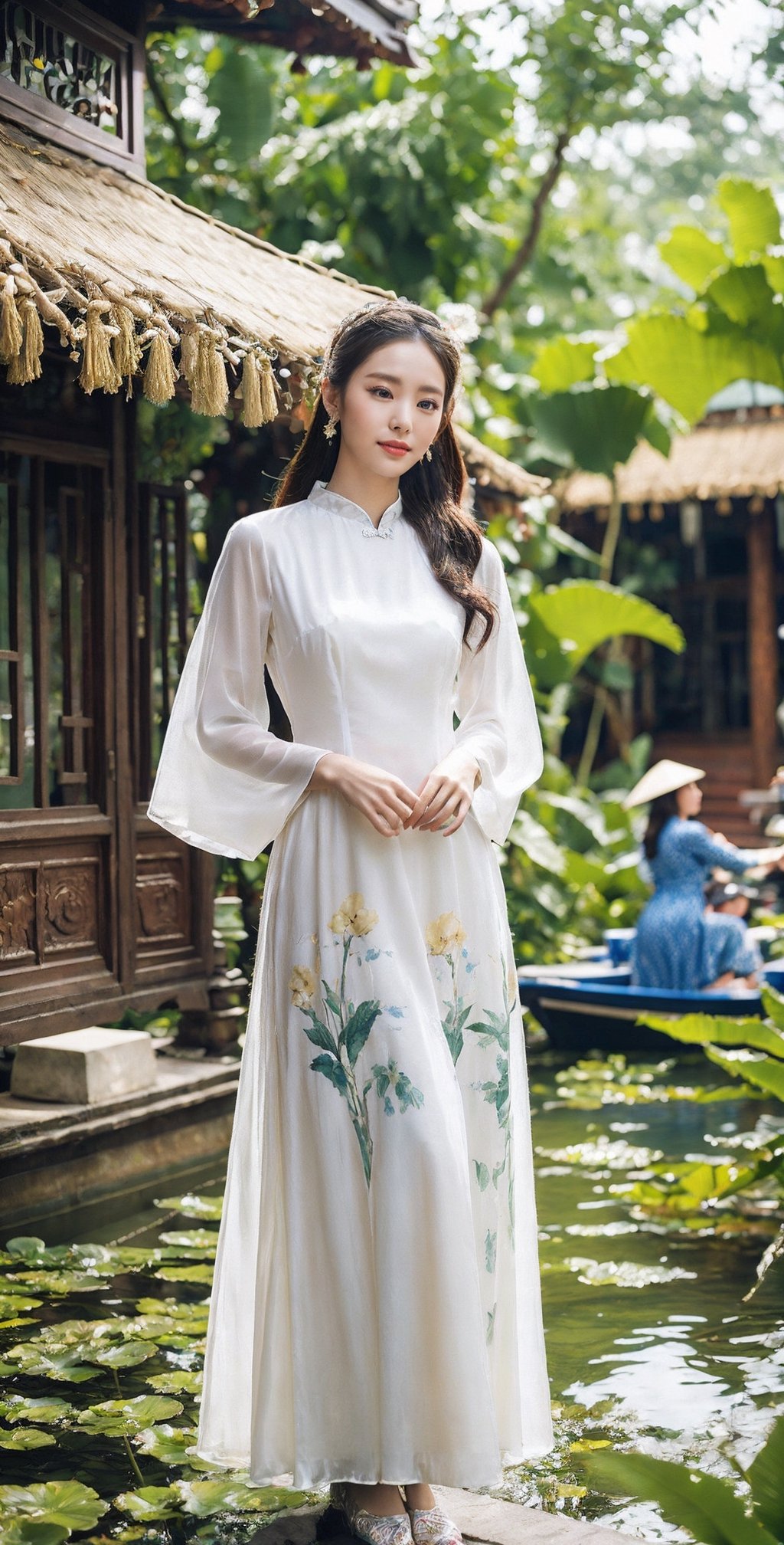 A stunning young woman wearing a vibrant Vietnam traditional dress, standing gracefully in front of a breathtaking backdrop that showcases the natural beauty of Vietnam. The dress is intricately designed with rich colors and intricate patterns, highlighting the elegance of Vietnam culture. The background features lush tropical foliage, colorful blossoms, and perhaps a serene traditional Vietnam temple or a picturesque Vietnam floating market. The image captures the beauty and grace of the woman, the vibrant essence of the dress, and the enchanting allure of Vietnam's natural surroundings. (((ideal_human_physical_structure))), aodai,More Detail,aodai