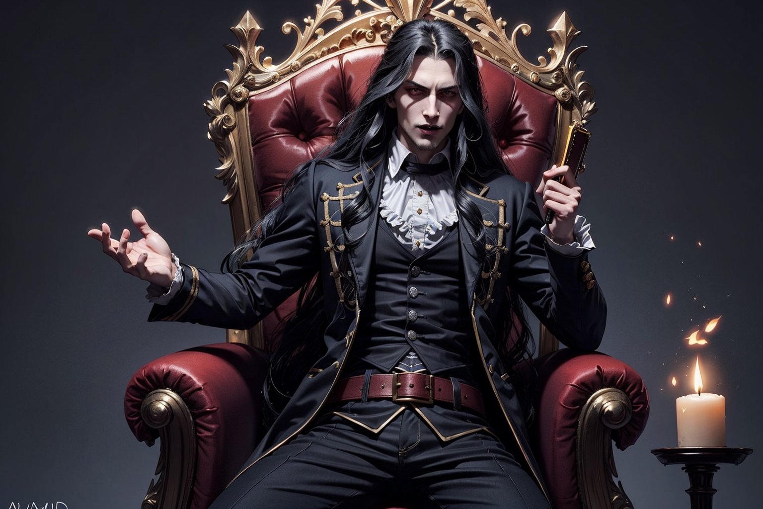 masterpiece,best quality,ultra-detailed,High detailed,picture-perfect face,man,manly,black hair,confident,arrogant,long hair,curly hair,red glowing eyes,fangs,dracula,castlevania,konami,infront of gothic castle,red and black vamiper attire,ornate and intricate,gold trim,belt,epic pose,fantasy,town,1male,draculacastlevania
on his gothic throne,alucardcastlevania,DonMDj1nnM4g1cXL 