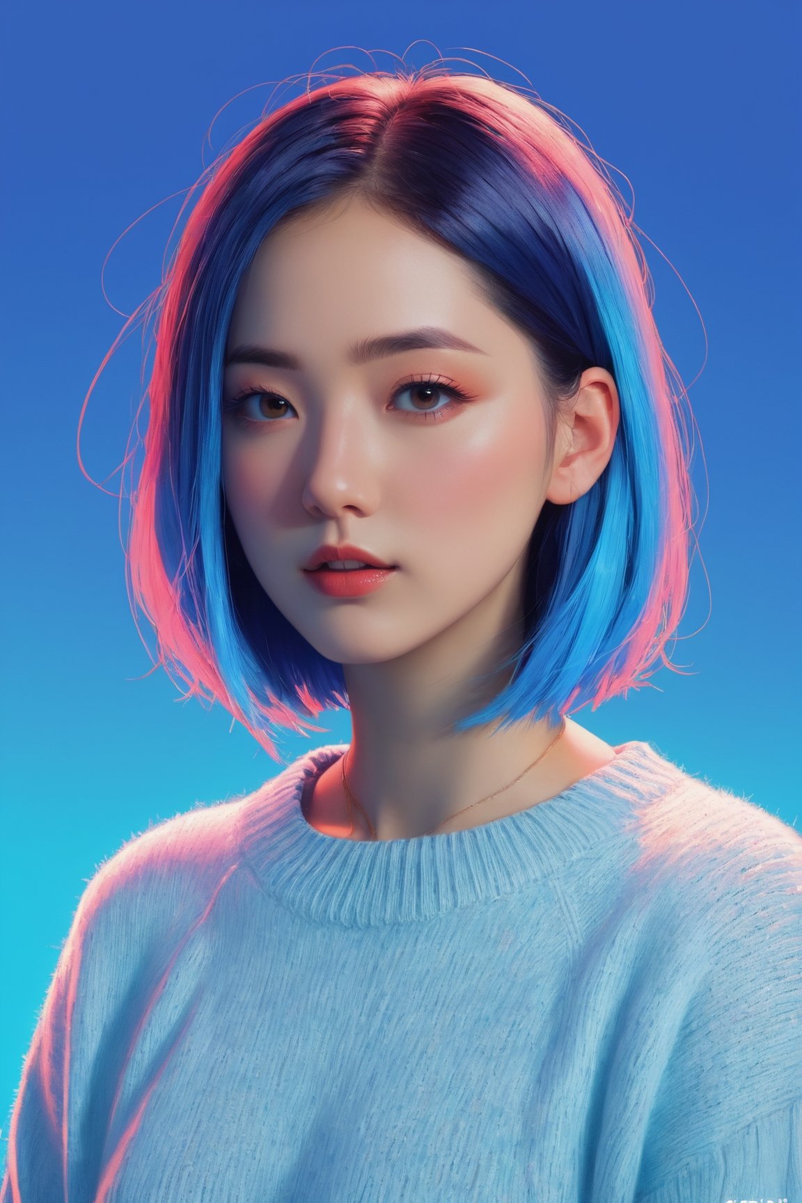 shadow flat vector art, illustrator, anime , realistic ,sketch , 1girl, ,lip, Sweater,order, Blue gradient background, Neon hair,Textured crop,xxmix_girl,sayaairie,FilmGirl