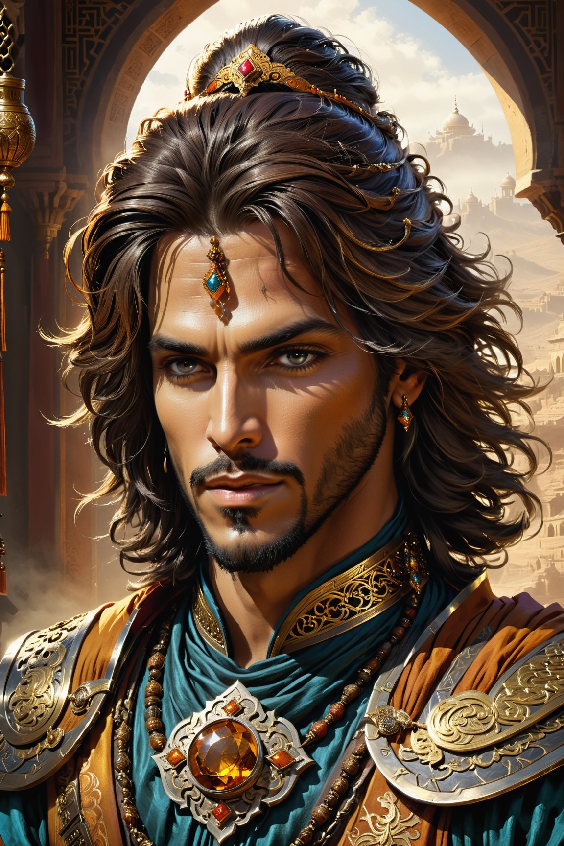 Prince of Persia, 1male Arabian warrior, (((cowboy_shot))), insanely nice professional hair style, dramatic hair color, digital painting, of a old 17th century, old cyborg merchant, amber jewels, Chinese Three Kingdoms, baroque, ornate clothing, scifi, realistic, hyperdetailed, chiaroscuro, concept art, art by Franz Hals and Jon Foster and Ayami Kojima,Roman