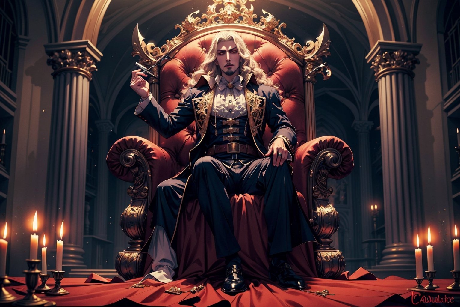 masterpiece,best quality,ultra-detailed,High detailed,picture-perfect face,man,manly,black hair,confident,arrogant,long hair,curly hair,red glowing eyes,fangs,dracula,castlevania,konami,infront of gothic castle,red and black vamiper attire,ornate and intricate,gold trim,belt,epic pose,fantasy,town,draculacastlevania
on his gothic throne,alucardcastlevania,DonMDj1nnM4g1cXL 