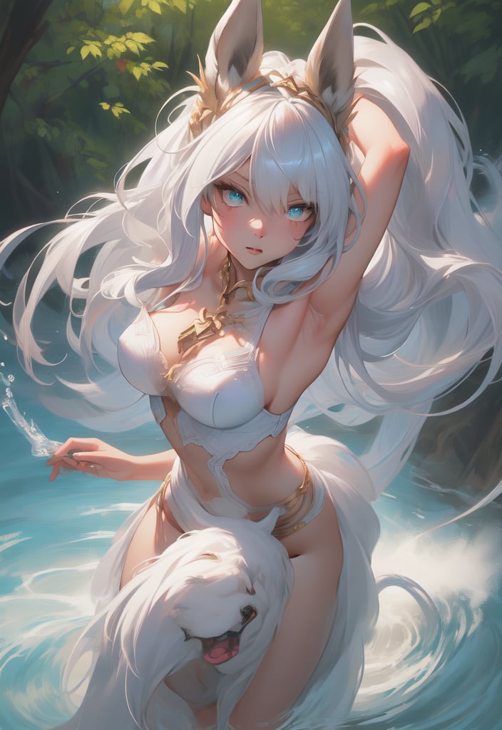 In a mesmerizingly vivid digital anime, a majestic centaur girl of ethereal beauty gallops through a mystical forest. The image captures the creature in breathtaking detail, with shimmering silver fur, flowing mane of iridescent colors, and eyes that sparkle like twinkling stars. The intricate digital painting showcases the centaur's elegant form and graceful movement with stunning realism, evoking a sense of wonder and enchantment. Each pixel is carefully crafted, enhancing the otherworldly and divine essence of this mythical being.