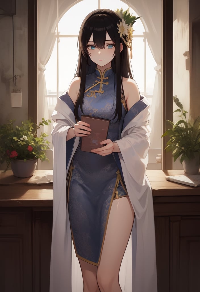 High Quality, Lossless, Clean, Raw, High Quality, Lossless, Clean, Raw, HD, girl, alone, clear lights, bangs in her hair, blue eyes, beautiful girl, perfect body, Color Booster,Realism, 1girl, solo, long hair, looking at viewer, skirt, black hair, hair ornament, long sleeves, standing, flower, indoors, wide sleeves, window, chinese clothes, table, plant