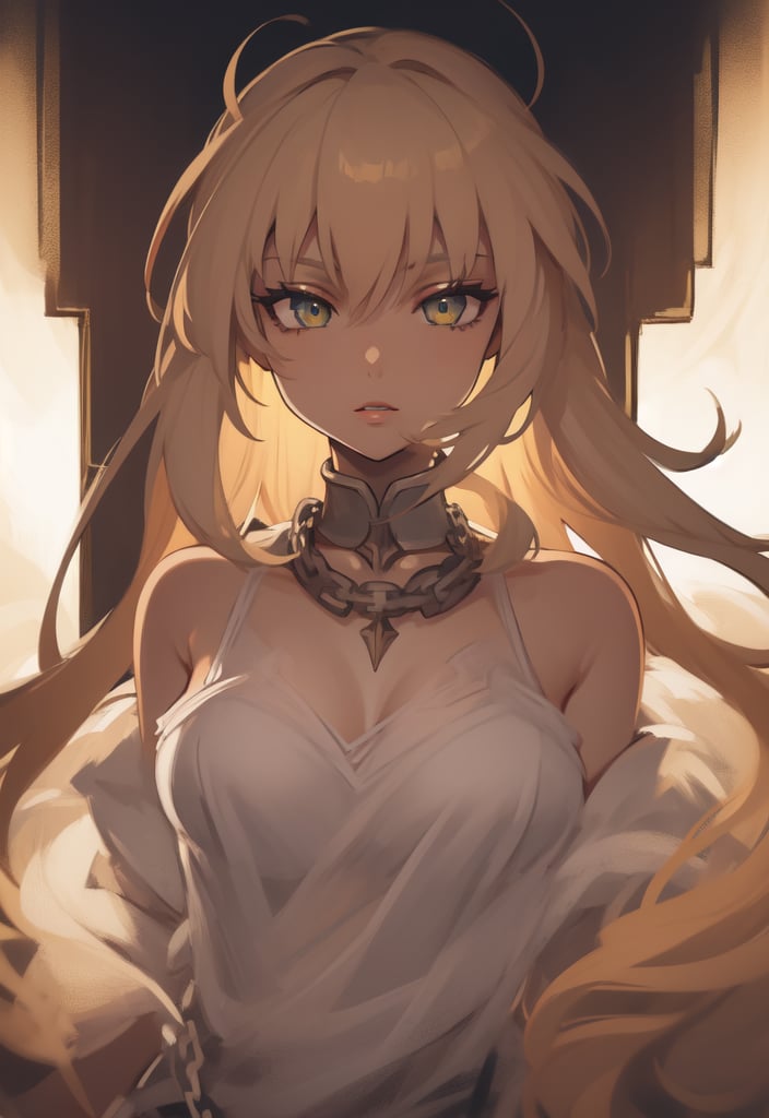 1 girl closeup on face, beautiful and aesthetic, splendid, masterpiece, best quality, fantastic atmosphere, Calming, calm palette, soft shading, priestess with many chains around the body