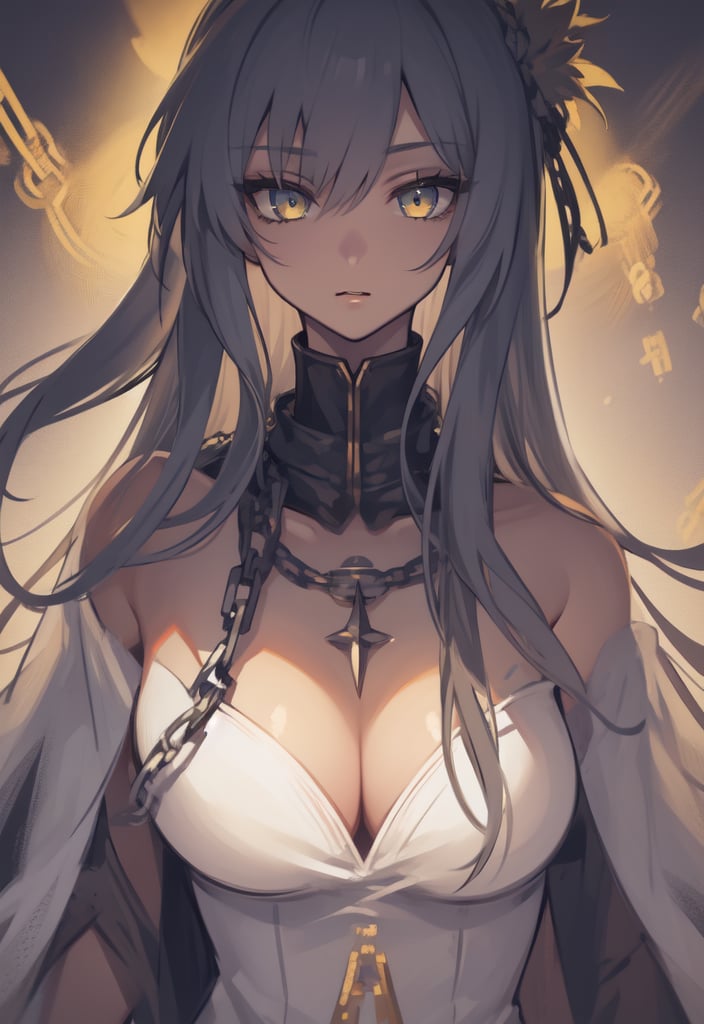 1 girl closeup on face, beautiful and aesthetic, splendid, masterpiece, best quality, fantastic atmosphere, Calming, calm palette, soft shading, priestess with many chains around the body