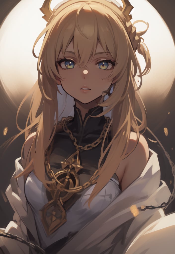 1 girl closeup on face, beautiful and aesthetic, splendid, masterpiece, best quality, fantastic atmosphere, Calming, calm palette, soft shading, priestess with many chains around the body