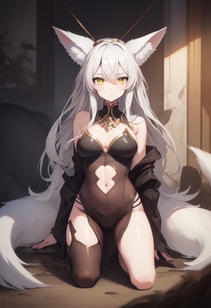 injured,torn_clothes,dirty,nine tails,woman,fox ears, silver hair,crystal and silver entanglement