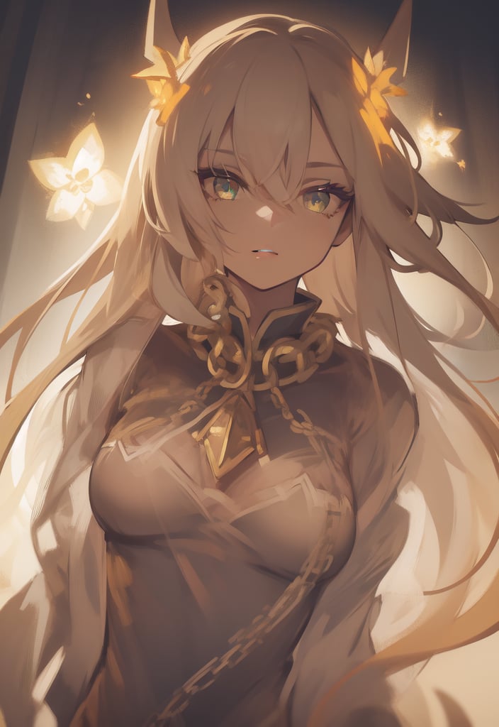 1 girl closeup on face, beautiful and aesthetic, splendid, masterpiece, best quality, fantastic atmosphere, Calming, calm palette, soft shading, priestess with many chains around the body