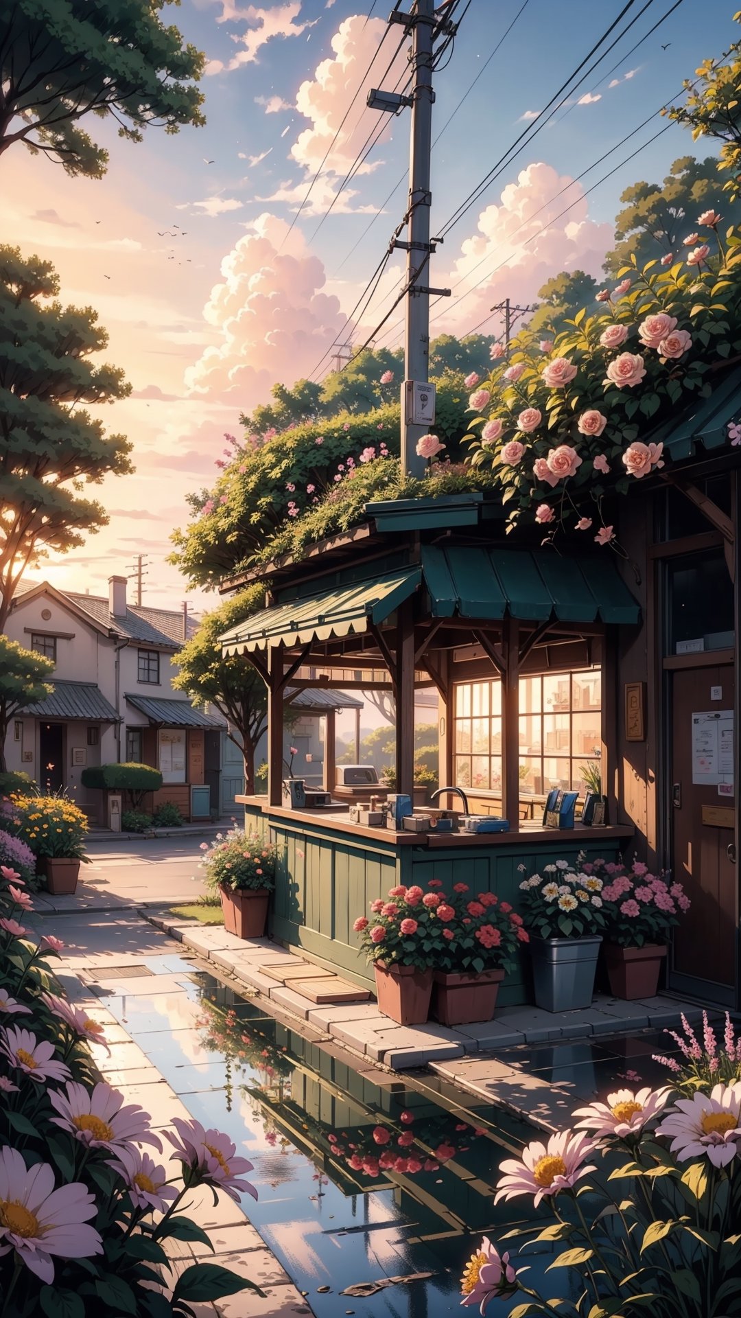 (, Masterpiece, hyper detailed,), detailed anime style, large kiosk on the corner of an intersection, trees and flowers on foreground, sunset slow beautiful movie atmosphere, 8k, ultra beautiful, detailed, detailed anime style. ,photorealistic