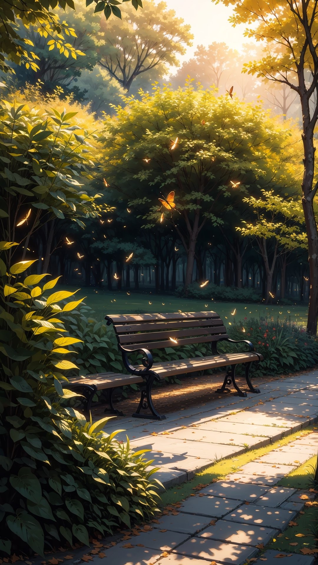 (Masterpiece, ultra detailed, hyper quality, best result), ,bench in the middle of the park, close up, sun , , leafs falling ,High detailed ,firefliesfireflies,(best quality