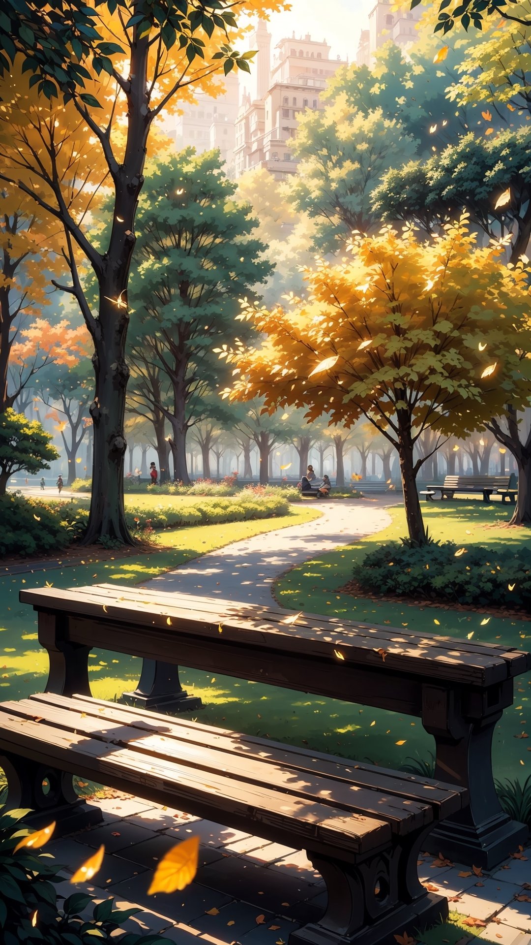 (Masterpiece, ultra detailed, hyper quality, best result), ,bench in the middle of the park, close up, sun , , leafs falling ,High detailed ,firefliesfireflies,(best quality