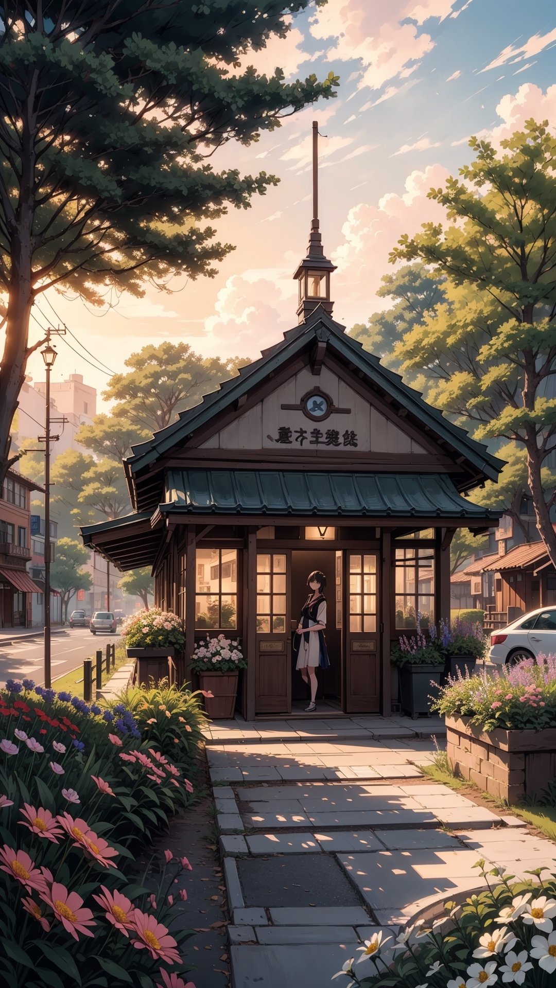 (, Masterpiece, hyper detailed,), detailed anime style, large kiosk on the corner of an intersection, trees and flowers on foreground, sunset slow beautiful movie atmosphere, 8k, ultra beautiful, detailed, detailed anime style. ,photorealistic