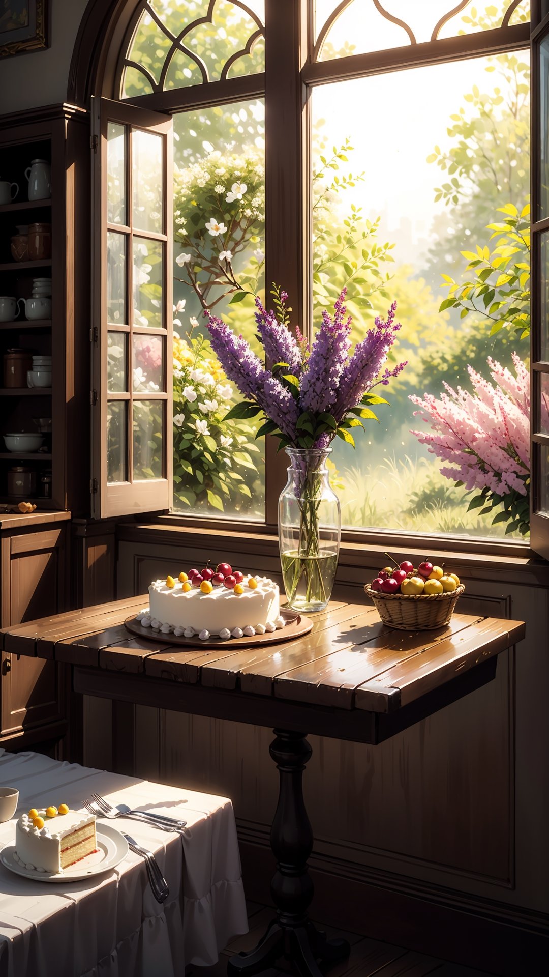 (Masterpiece, ultra detailed, hyper quality, best result) ,pastry shop, the sun's rays come through the window, the wind blows the curtains, on the table there is a cake pan with a white bizet cake with a red cherry in the center, also on the table there is a basket of fruit and a vase with lilacs ,High detailed ,firefliesfireflies,(best quality