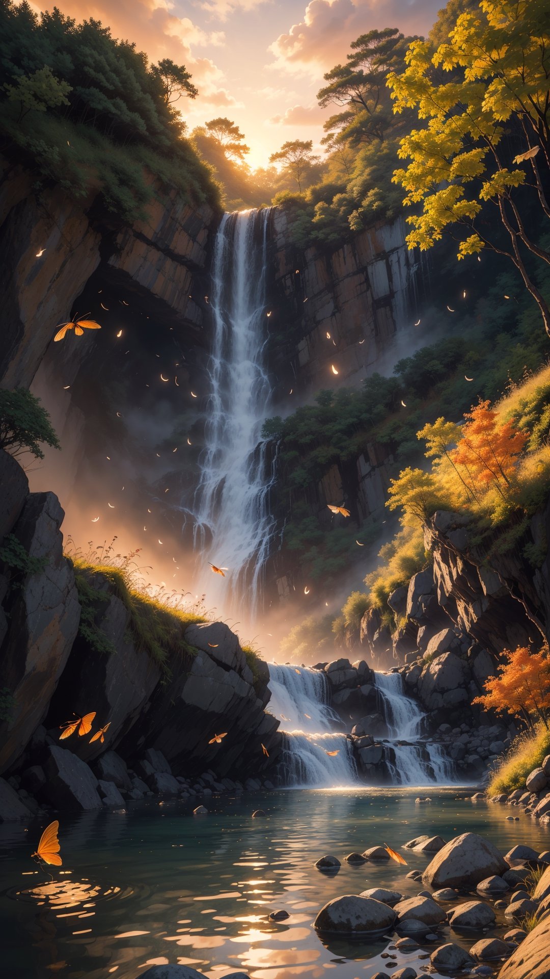 (Masterpiece, ultra detailed, hyper quality, best result), beatiful fishes in the water at sunset, waterfall on the foreground, leafs falling ,High detailed ,firefliesfireflies,(best quality