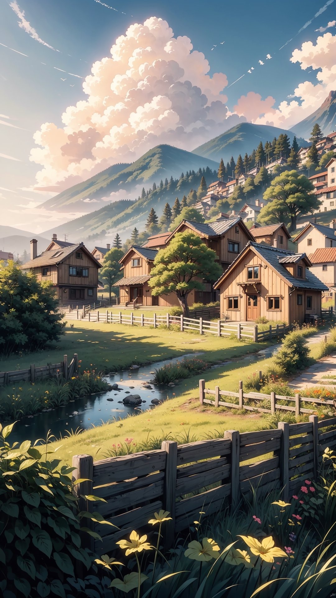 (Masterpiece, ultra detailed, hyper quality, best result) Hyper Detailed anime style, a cute small but cozy house on the edge of the village, photo next to the fence, the fence is out of focus, small mountains and a few houses in the background, detailed clouds