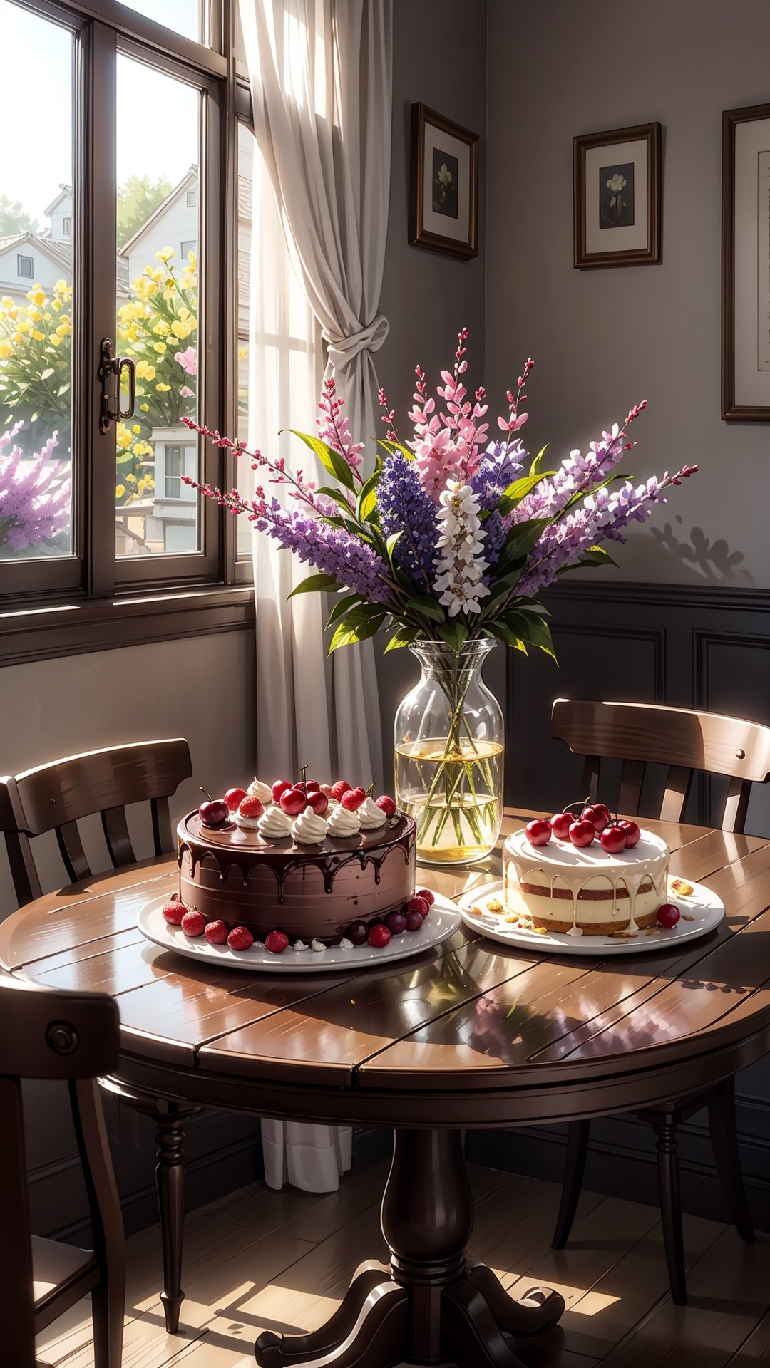 (Masterpiece, ultra detailed, hyper quality, best result) ,white warm themed pastry shop, the sun's rays come through the window and the wind blows the curtains, on the table there is a cake pan with a white bizet cake with a red cherry in the center, also on the table there is a basket of fruit and a vase with lilacs ,High detailed ,firefliesfireflies,(best quality