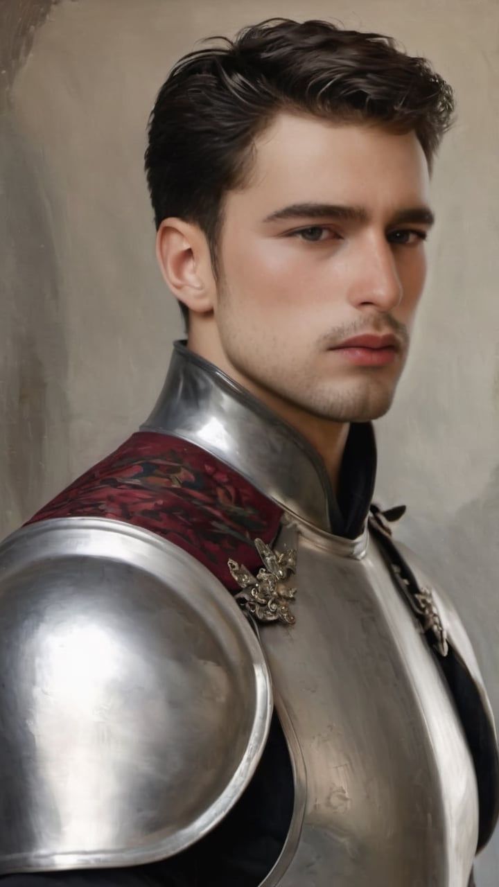 ((white knight)), a handsome man in a High Gothic silver metal plate armor in a beautiful ornemental, ((True Silver)), (((marlon teixera))), short black hair with bangs, outdoors (in a grassland filled with roses and ruins), ethereal, white aura, shiny, youthful, pale skin, thick eyebrows, soft, mythology, medieval, fantasy, young, alpha male, hot, masculine, manly, dark fantasy, 80s fantasy, high fantasy, white armor, defined jawline, crooked nose, hot, , medieval armor, art by wlop, handsome male, facing in front (portrait close-up), renaissance painting, hades armor

8k, cinematic lighting, very dramatic, very artistic, soft aesthetic, innocent, art by john singer sargent, greg rutkowski, oil painting, Camera settings to capture such a vibrant and detailed image would likely include: Canon EOS 5D Mark IV, Lens: 85mm f/1.8, f/4.0, ISO 100, 1/500 sec