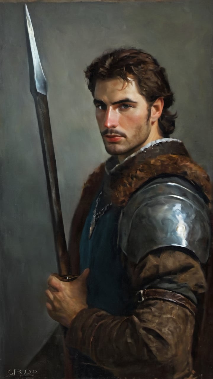 a burly young handsome hunter, blacksmith, farmer, huntsman, dark age, (((marlon teixera))), peasant, short brown hair, outdoors (forest), ethereal, shiny, youthful, dirty, caucasian, battle axe, facial hair, face scars, thick eyebrows, soft, mythology, medieval, fantasy, young, alpha male, battle axe, hot, masculine, manly, dark fantasy, 80s fantasy, high fantasy, rag clothes, leather armor, defined jawline, crooked nose, hot, hairy, medieval armor, art by wlop, handsome male, facing in front, portrait close-up, renaissance painting, game of thrones, skyrim, elder scrolls, GQ, breton, Imperial

8k, cinematic lighting, very dramatic, very artistic, soft aesthetic, innocent, art by john singer sargent, greg rutkowski, oil painting, Camera settings to capture such a vibrant and detailed image would likely include: Canon EOS 5D Mark IV, Lens: 85mm f/1.8, f/4.0, ISO 100, 1/500 sec,hdsrmr