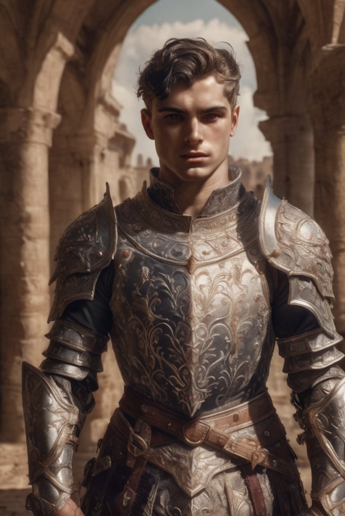 white knight: a handsome man in a High Gothic plate metal armor in a beautiful ornemental, ethereal, holy, shiny, youthful, pale skin, short black hair, thick eyebrows, soft, mythology, medieval, fantasy, young, alpha male, hot, masculine, manly, dark fantasy, 80s fantasy, high fantasy, white armor, defined jawline, hot, outdoors (grassland ruins), medieval armor, art by wlop, handsome male, facing in front (portrait close-up), renaissance painting, realistic, photorealistic, 8k, cinematic lighting, hades armor, very dramatic, European man, soft aesthetic, innocent