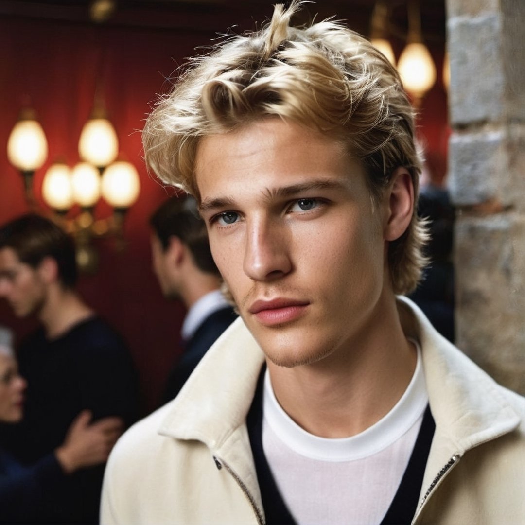 GQ, handsome italian teen man in a party, 2000s, thick eyebrows, defined jawline, crooked nose, mature, 19 years old, slender, punk, stubble, scruffy face, hot, strawberry blonde hair, youthful, boy band, Masterpiece, male model, photography, european, fashion editorial, menswear, Portrait, seductive pose, Mike Faist, Gabriel Aubry, Matheo Renoir, calvin klein, chuck greene, men's magazine, fashion campaign, photography by Hugo Comte, 

8k, cinematic lighting, very dramatic, very artistic, soft aesthetic, innocent, realistic, masterpiece, Camera settings to capture such a vibrant and detailed image would likely include Canon EOS 5D Mark IV, Lens 85mm f/1.8, f/4.0, ISO 100, 1/500 sec,hdsrmr, cinema verite, film still, ((perfect anatomy): 1.5), best resolution, maximum quality, UHD, life with detail, analog, cinematic moviemaker style