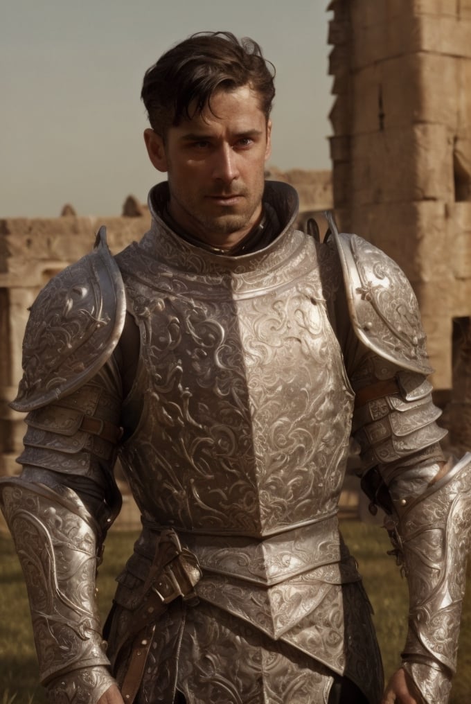 white knight: a handsome man in a High Gothic silver metal plate armor in a beautiful ornemental, ethereal, holy, shiny, youthful, pale skin, short black hair, thick eyebrows, soft, mythology, medieval, fantasy, young, alpha male, hot, masculine, manly, dark fantasy, 80s fantasy, high fantasy, white armor, defined jawline, crooked nose, hot, outdoors (in a grassland filled with white roses and ruins), medieval armor, art by wlop, handsome male, facing in front (portrait close-up), renaissance painting, realistic, photorealistic, 8k, white cinematic lighting, hades armor, very dramatic, European man, soft aesthetic, innocent,Rafael Alencar